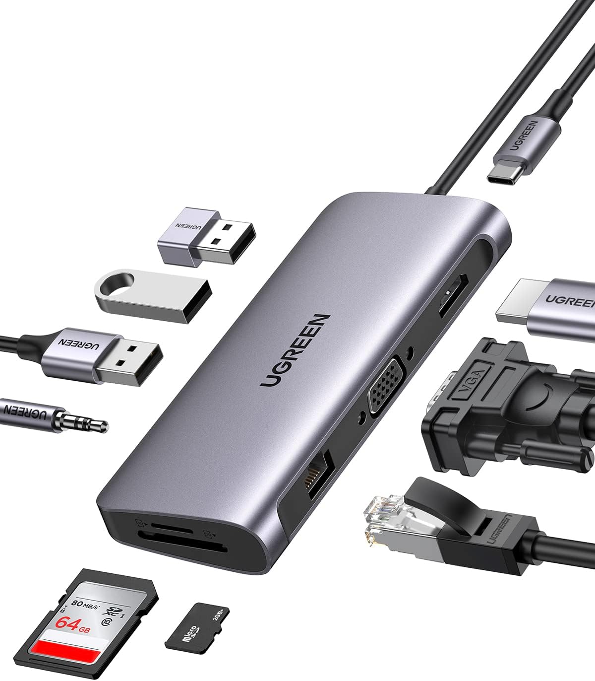 UGREEN CM498-15601 10-in-1 USB-C HUB 3xUSB-A 3.0 + USB-C 100W PD + SD/TF + RJ45 + 4k HDMI + VGA + 3.5mm Space Gray