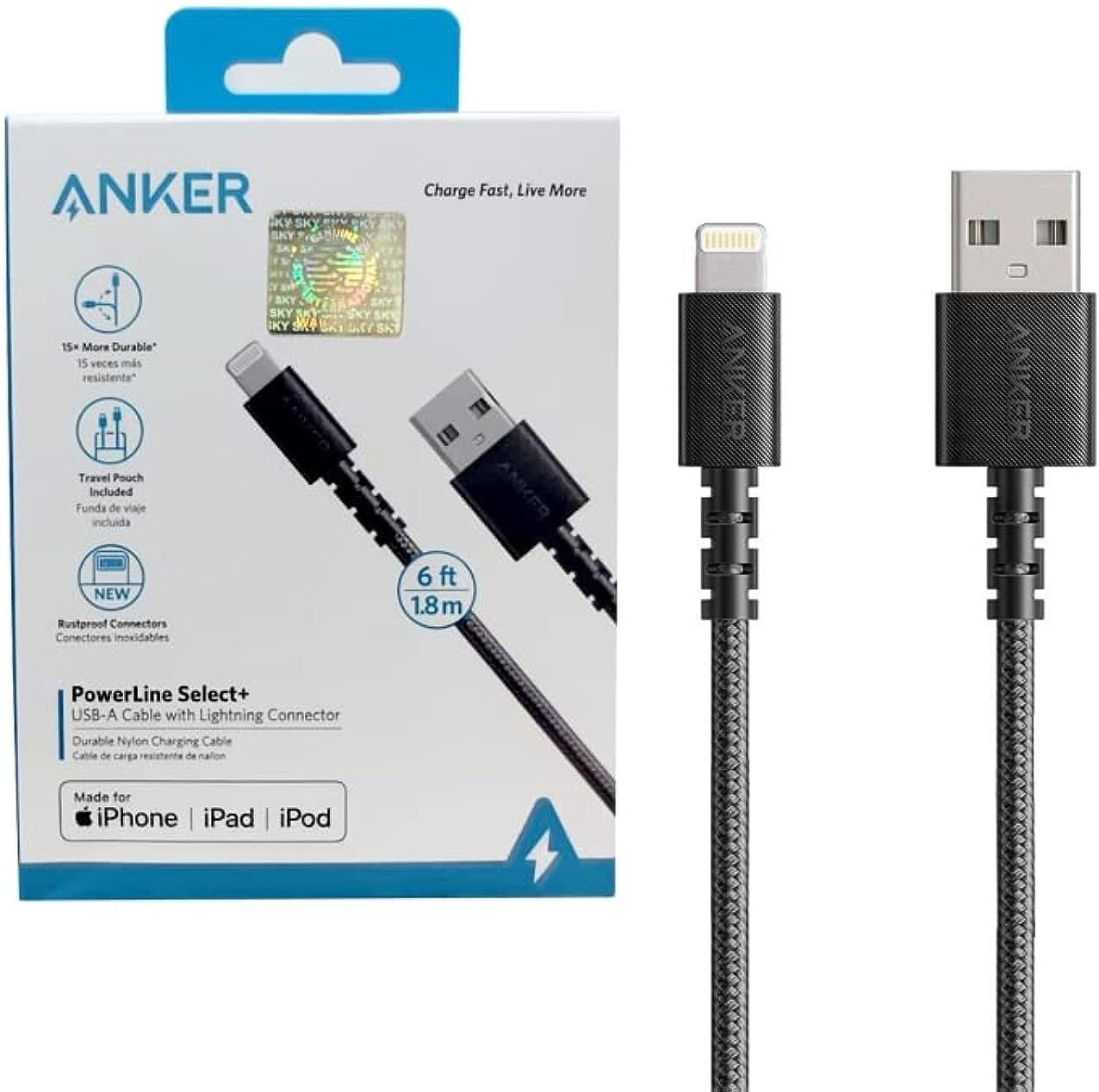 Anker PowerLine Select+ USB-A Cable With Lightning Connector 6ft - Miles Telecom Trading LLC