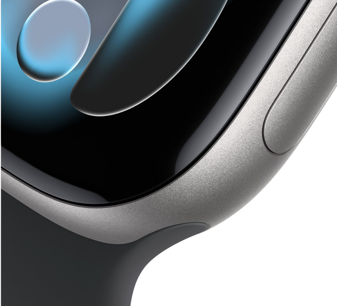 Close-up of a smartwatch with a black screen and silver band on a white background