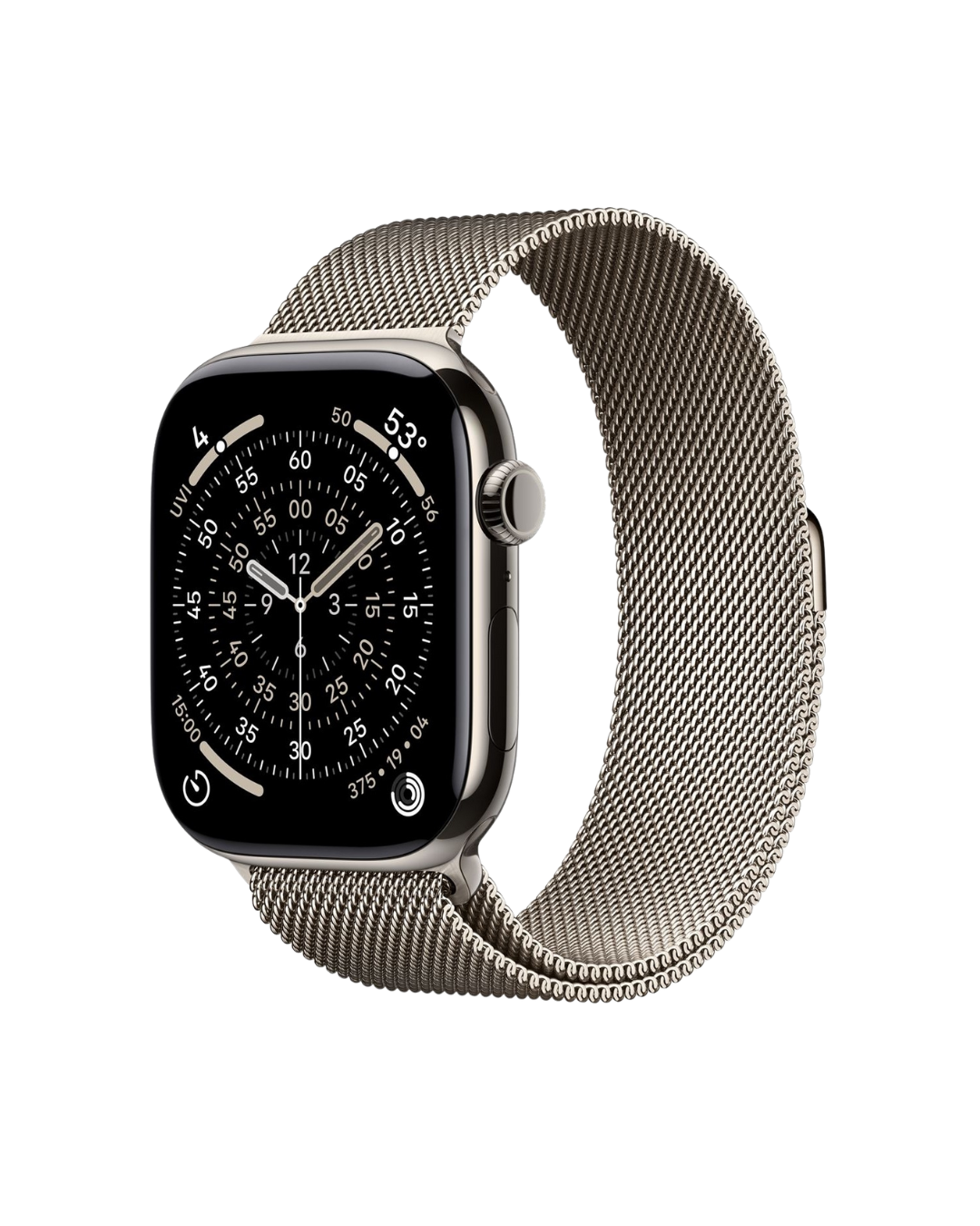 Smartwatch with a metal mesh band on a white background