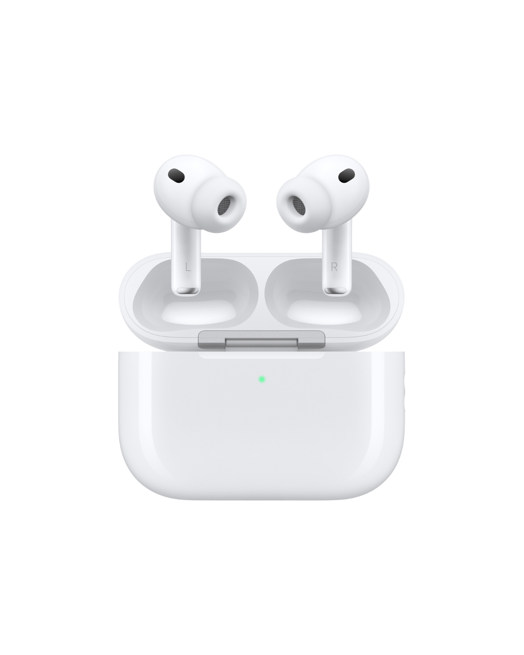 White wireless earbuds with charging case on a white background