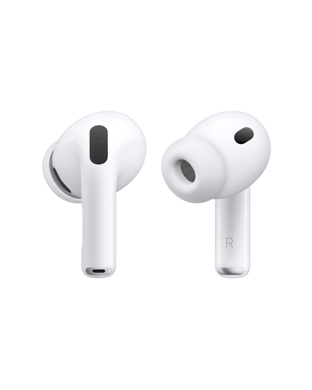 Pair of white wireless earbuds on a white background